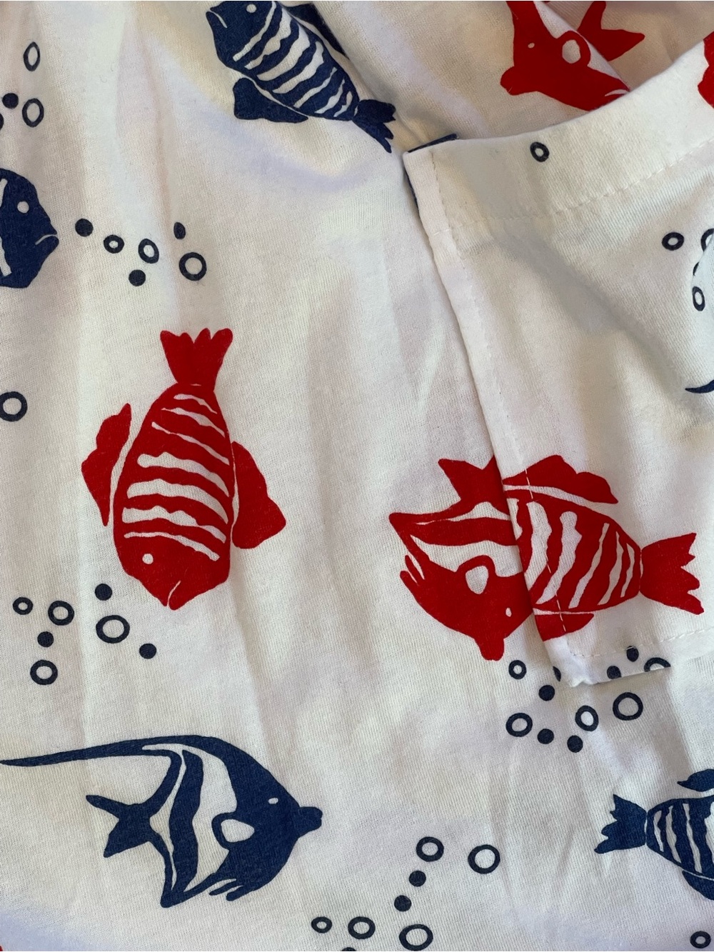 Strapless white romper with red & blue nautical fish print & ruffled neckline - Picture 4 of 10